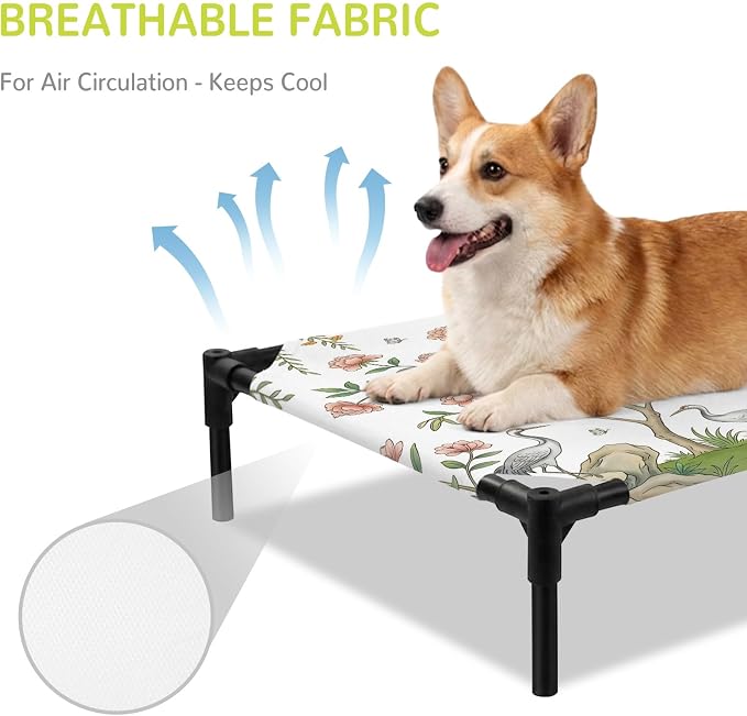 Outdoor Elevated Dog Bed for Large Dogs, Pink Flowers Breathable Cooling Raised Dog Cot for Indoor/Outdoor, Trees Weeping Spring Floral Birds Waterproof Elevated Pet Beds, L 28 x 22 in