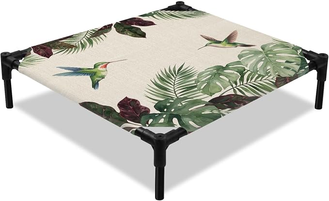 Outdoor Elevated Dog Bed for Small Dogs, Summer Hummingbirds Breathable Cooling Raised Dog Cot for Indoor/Outdoor, Tropical Palm Leaves Farmhouse Rustic Waterproof Elevated Pet Beds, S 20 x 20 in