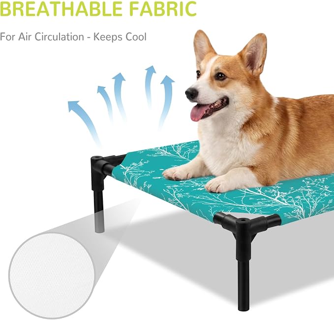Outdoor Elevated Dog Bed for Medium Dogs, Teal Botanical Breathable Cooling Raised Dog Cot for Indoor/Outdoor, Vintage Floral Plants Branch Waterproof Elevated Pet Beds, M 24 x 20 in