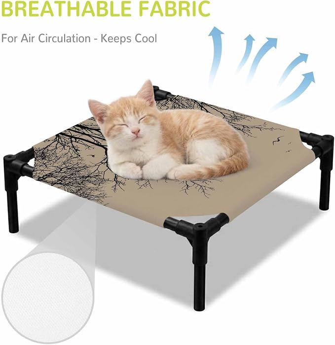 Outdoor Elevated Dog Bed for Small Dogs, Brown Black Branches Breathable Cooling Raised Dog Cot for Indoor/Outdoor, Botanical Dead Tree Birds Waterproof Elevated Pet Beds, S 20 x 20 in