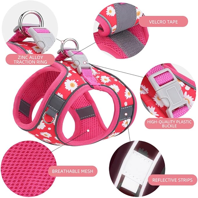 Flymind Step-in Dog Harness and Leash Set, Purple, Small/Medium, Floral Pattern, 360-Degree Reflective Design for Low Light Safety