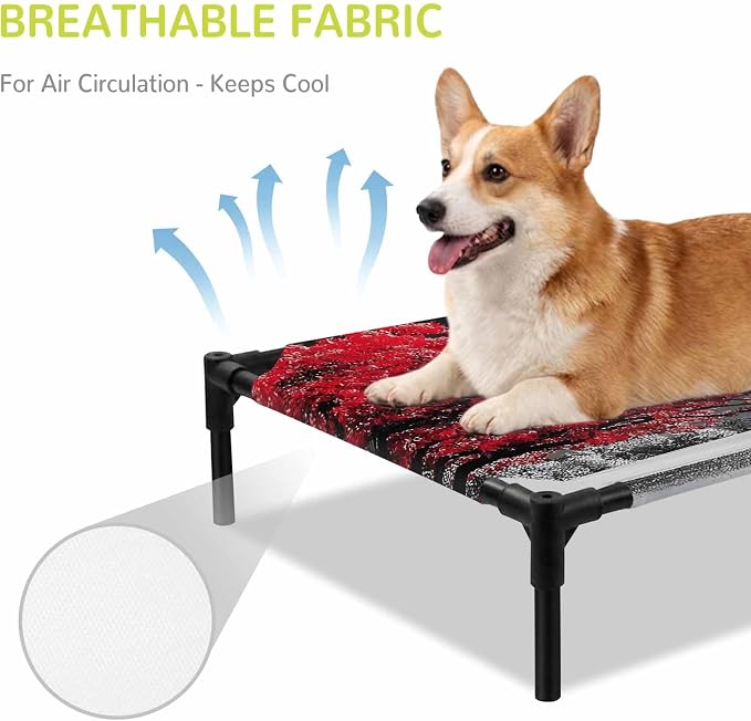 Outdoor Elevated Dog Bed for Large Dogs, Vibrant Red Tree Breathable Cooling Raised Dog Cot for Indoor/Outdoor, Glowing Moon Black Sky Waterproof Elevated Pet Beds, L 28 x 22 in