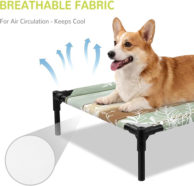 Outdoor Elevated Dog Bed for Large Dogs, Teal Brown Botanical Breathable Cooling Raised Dog Cot for Indoor/Outdoor, Farmhouse Wooden Leaves Waterproof Elevated Pet Beds, L 28 x 22 in