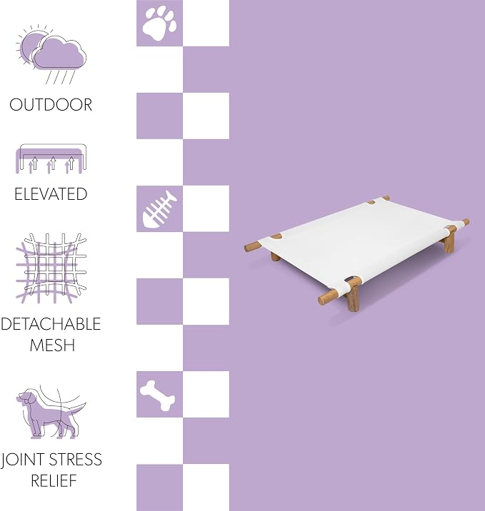 DBD5000A Chester 32" Modern Minimalist Wood Frame Elevated Outdoor Dog Bed, Snow/Light Teak