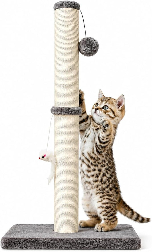 MeowHomm 32'' Tall Cat Scratching Post Cat Scratcher with Hanging Ball, Durable Cat Scratching Post for Indoor with Sisal Rope (Gray)