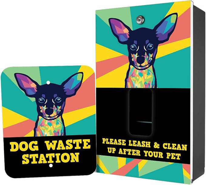 Dispense-Art Collection Pop Art Mini Pinscher - Custom UV Printed Design on Rust-Proof Aluminum Dog Waste Station with 10-Gallon Lidded Can, 400 Dog Waste Bags & 25 Can Liners