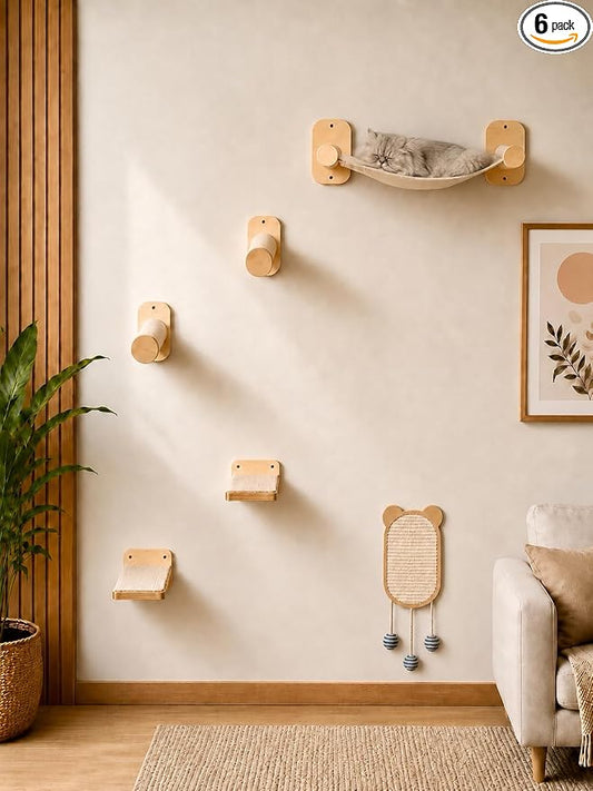 Cat Wall Shelves 6-in-1 Wall Mounted Cat Furniture with Perch & Hammock, Wooden Climbing Shelves with Scratching Post Pad, Space-Saving Climbing Tower for Indoor Cats