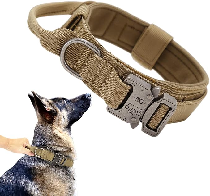 Tactical Dog Collar Adjustable Military Nylon Dog Collar with Control Handle and Heavy Duty Metal Buckle for Medium and Large Dogs (Brown,XXL)