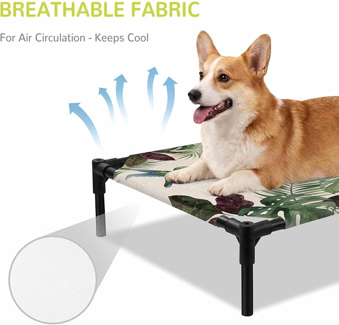 Outdoor Elevated Dog Bed for Large Dogs, Summer Hummingbirds Breathable Cooling Raised Dog Cot for Indoor/Outdoor, Tropical Palm Leaves Farmhouse Rustic Waterproof Elevated Pet Beds, L 28 x 22 in