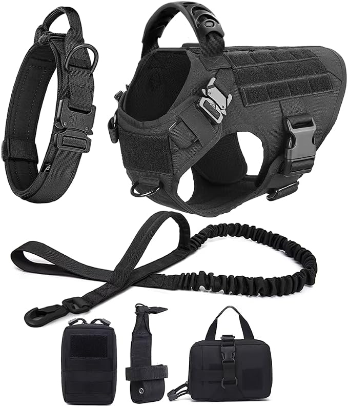 WAYO Dog Harness and Leash Set 6 Items - Military Tactical Vest with Collar for German Shepherd, Malinois, No Pull Training Walking Harness with Adjustable Straps (S/M/L/XL) (Black, M)