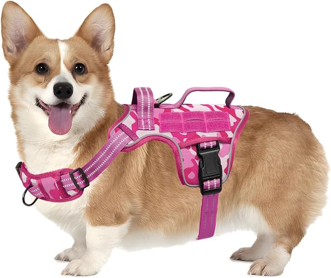 Dog Harness, Tactical No Pull for Small Sized Dog with Handle | Breathable Soft Padded, Adjustable, Reflective, Molle System, Heavy Duty, No Choke for Walking Training, Pink Camo Small