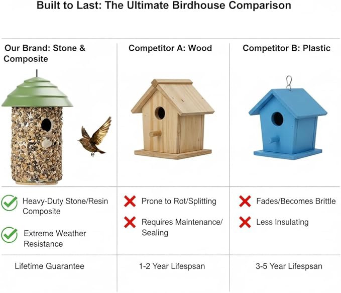 CEDAR ALPHA Pebble Stone Bird House for Outside Clearance, HDPE Roof Bird House for Outdoor, Heavy Duty Stone, Hanging Birdhouse for Outside, Wren House 10 Year Lasting (Green)