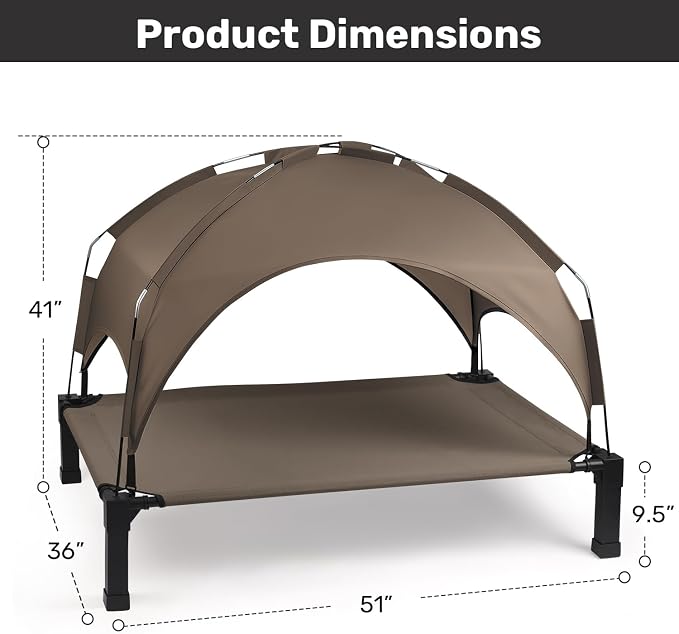 Elevated Dog Bed with Removable Canopy, Sun Protection Shade Tent Dog Cot | Portable Outdoor Dog Bed, Raised Pet Cooling Cot Bed for Dogs, 51in