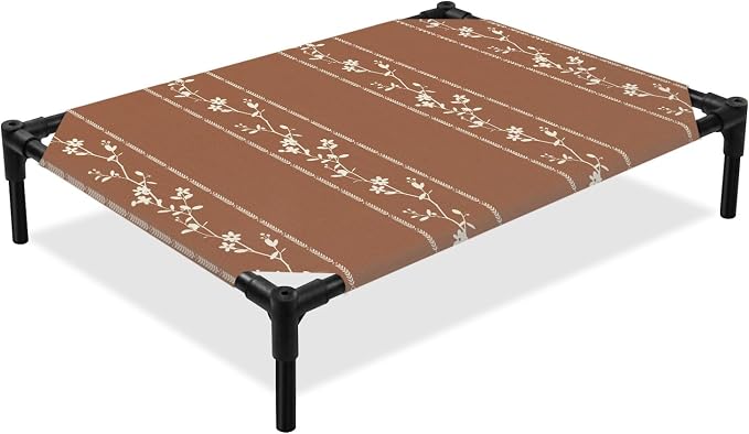 Outdoor Elevated Dog Bed for Medium Dogs, Brown Flowers Branch Breathable Cooling Raised Dog Cot for Indoor/Outdoor, Spring Summer Farmhouse Botanical Waterproof Elevated Pet Beds, M 24 x 20 in