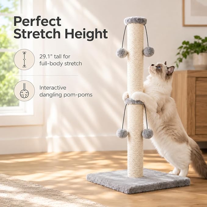 Dimaka 34'' Cat Scratching Post, Cat Scratching Post, Cat Scratcher for Large Cats with Teasing Toy Ball, Natural Sisal White and Grey (Grey)
