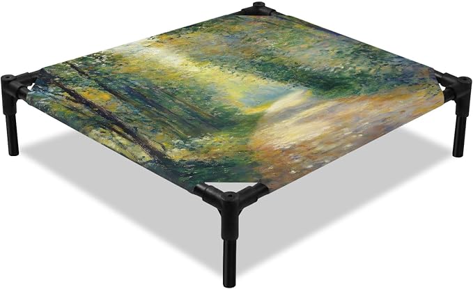 Outdoor Elevated Dog Bed for Small Dogs, Country Forest Breathable Cooling Raised Dog Cot for Indoor/Outdoor, Farmhouse Trees Plants Nature Scenery Waterproof Elevated Pet Beds, S 20 x 20 in