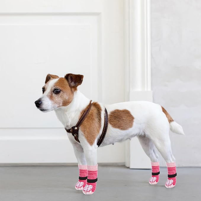 PUPTECK Anti-Slip Dog Socks with Double Sides Grips for Small Medium Large Dogs Hardwood Floors Prevents Licking, Dog Shoes for Hot Pavement Traction Control for Senior Dogs, Fuschia, M