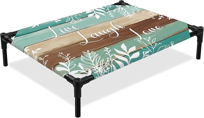Outdoor Elevated Dog Bed for Large Dogs, Teal Green Brown Botanical Breathable Cooling Raised Dog Cot for Indoor/Outdoor, Farmhouse Wooden Leaves Waterproof Elevated Pet Beds, L 28 x 22 in