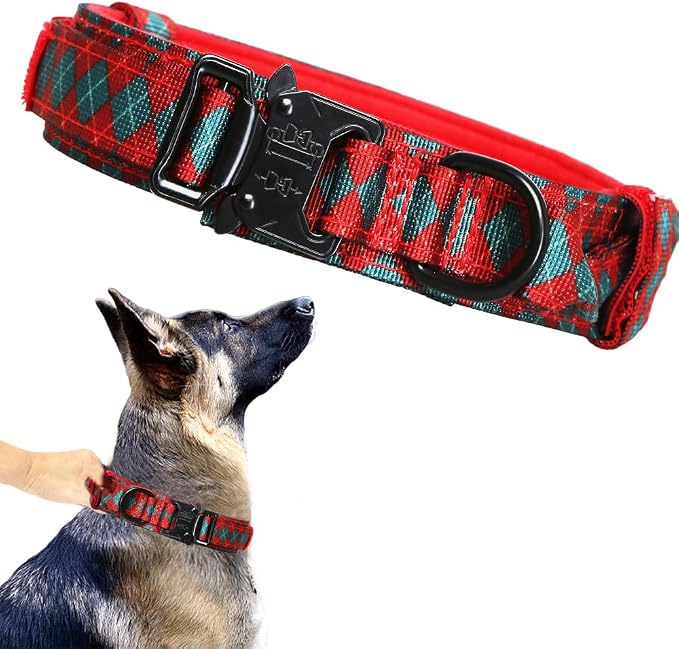Tactical Dog Collar for Large Dogs with Control Handle,Grid | 1000D Heavy-Duty Nylon Fabric,Quick-Release Metal Buckle,Adjustable Fit,Soft-Padded Webbing,D-Ring,for Training & Hiking,XL