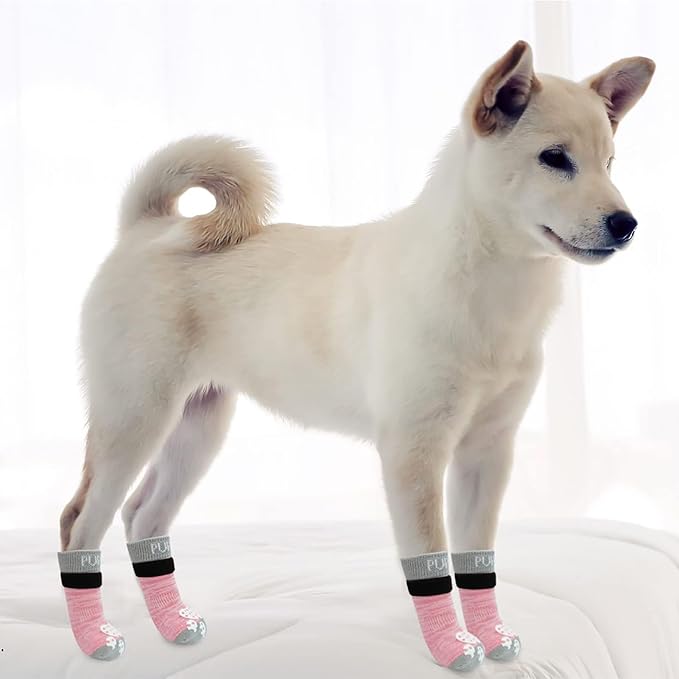 PUPTECK Anti-Slip Dog Socks with Double Sides Grips for Small Medium Large Dogs Hardwood Floors Prevents Licking, Dog Shoes for Hot Pavement Traction Control Paw Protector for Senior Dogs, Pink XXL