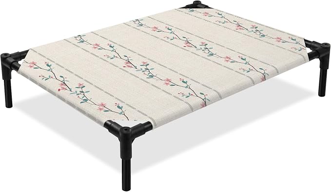 Outdoor Elevated Dog Bed for Medium Dogs, Beige Flower Branch Breathable Cooling Raised Dog Cot for Indoor/Outdoor, Spring Summer Farmhouse Botanical Waterproof Elevated Pet Beds, M 24 x 20 in