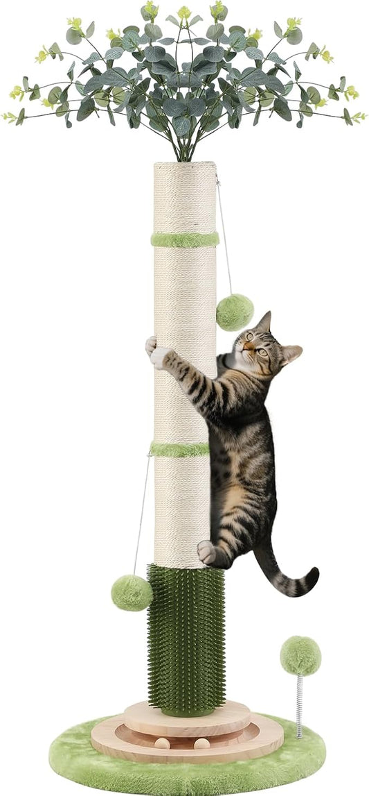 45'' Extra Tall Cat Scratching Post for Large,3.5Inch Natural Sisal Scratcher Tree with Solid Wood Base,Stable Scratch Tower with Interactive Toy,Self Groomer,Climbing Pole for Full Body Stretching