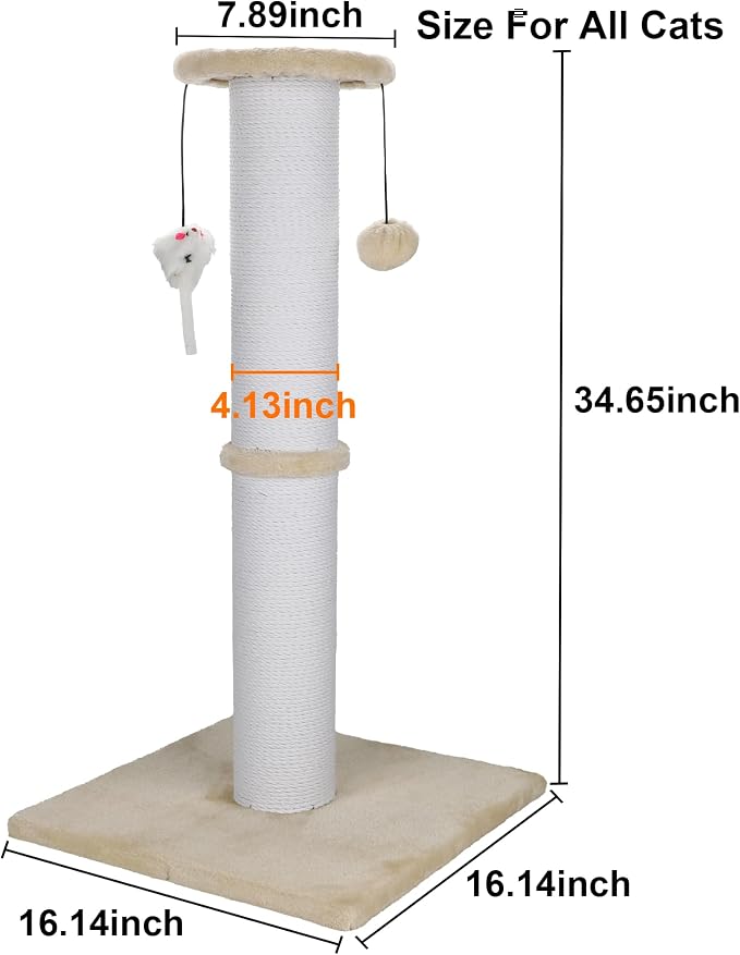 Cat Scratching Post 34 Inches Heavy Duty and Thicker Cat Scratching Post Cotton Rope with Hanging Ball and Mice Scratching Post for Indoor Cats and Adult(Beige)