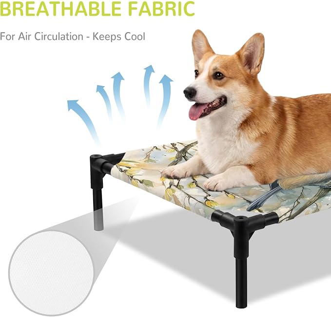 Outdoor Elevated Dog Bed for Medium Dogs, Birds Branches Breathable Cooling Raised Dog Cot for Indoor/Outdoor, Country Elegant Pastoral Floral Waterproof Elevated Pet Beds, M 24 x 20 in