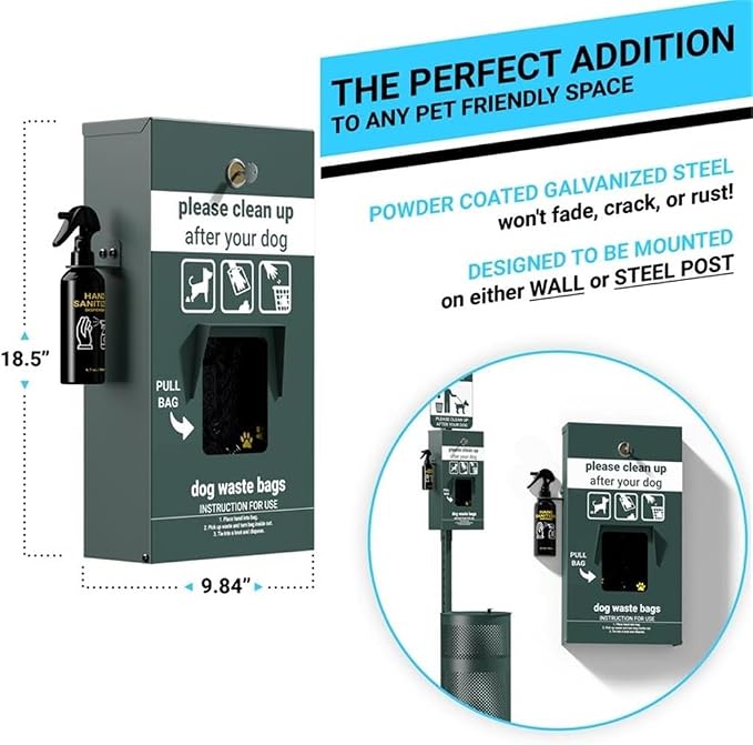 Pemberly Row Mountable Locking Pull Out Pet Waste Bag Dispenser, 5"x12"x16", Galvanized Steel, Green, Includes Hand Sanitizer, Glow-in-the-Dark Signage, 400 Bags, Commercial or Residential Use