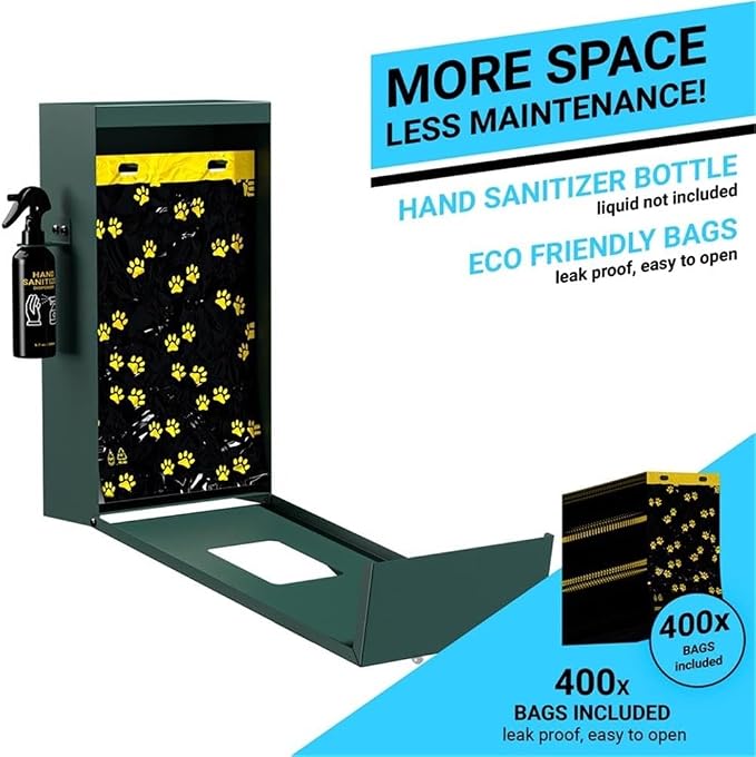 Pemberly Row Mountable Locking Pull Out Pet Waste Bag Dispenser, 5"x12"x16", Galvanized Steel, Green, Includes Hand Sanitizer, Glow-in-the-Dark Signage, 400 Bags, Commercial or Residential Use