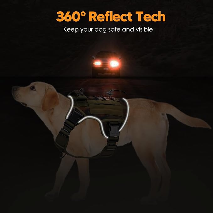 Heavy-Duty Tactical Dog Harness for Large Dogs, No Pull Adjustable Reflective Pet Vest with Molle System, K9 Military-Grade Control for Service Training, Outdoor & 10+ Breeds, Green Camo, X-Large