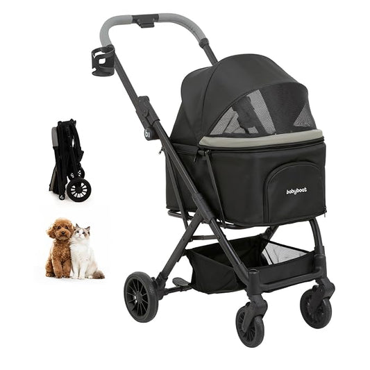 Babyboat Portable Dog Stroller for Small Dogs Cats Up to 35 Lbs - Black | One Hand Folding Compact Travel Pet Stroller with Convertible Canopy, Storage Basket, Cup Holder