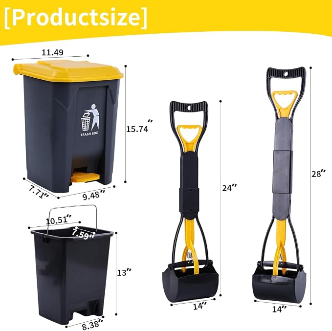 Pooper Scooper 2 Pack with 20 Litre Step Dog Poop Trash Can, 28" Long Handle Dog Poop Scoopers for Large Small Dogs Heavy Duty, Removable Inner Bucket for Outdoors, 50 Waste Bags Included (Yellow)