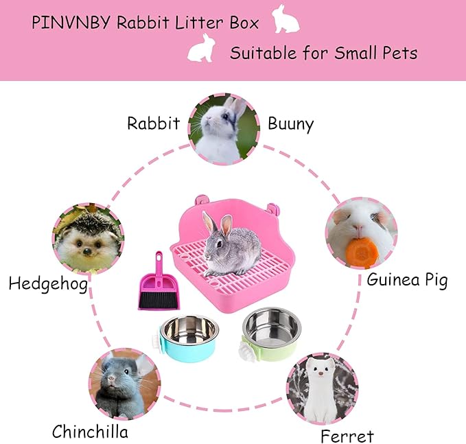 PINVNBY Rabbit Litter Box for Cage Bunny Corner Bedding Box Small Animal Litter Pan Hanging Pet Bowls Cage Potty Trainer Pet Toilet for Rabbit Bunny Guinea Pigs (Pink)