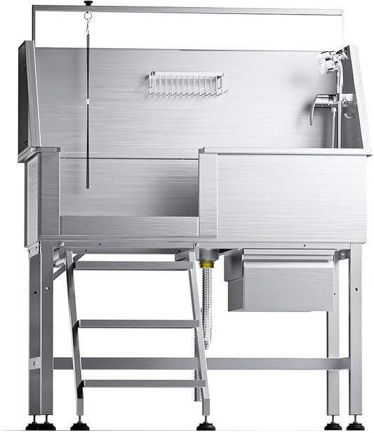 46" Dog Washing Station, Leak-Proof 304 Stainless Steel Dog Bathtub with Non-Slip Removable Left Stair & Storage Drawer, Elevated Pet Wash Station for Large Dogs, Indoor & Outdoor Use (Left Stair)