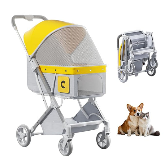 Dog Strollers for Small Medium Dogs 50 lbs,4 Wheels All-Terrain Cat Stroller,One-Click Folding Pet Stroller,Breathable Mesh,Storage Basket(Yellow)