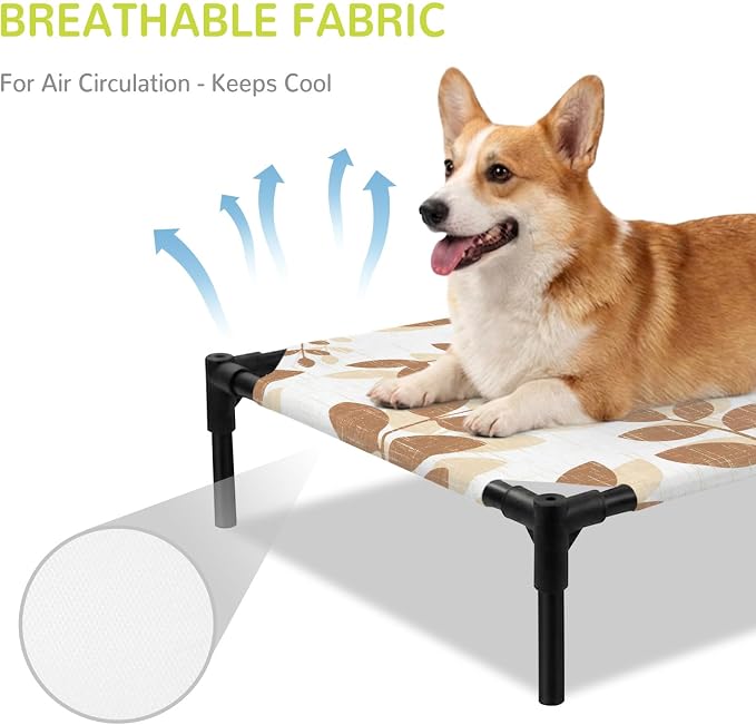 Outdoor Elevated Dog Bed for Medium Dogs, Brown Leaves Breathable Cooling Raised Dog Cot for Indoor/Outdoor, Summer Farmhouse Botanical Leaf Branch Waterproof Elevated Pet Beds, M 24 x 20 in