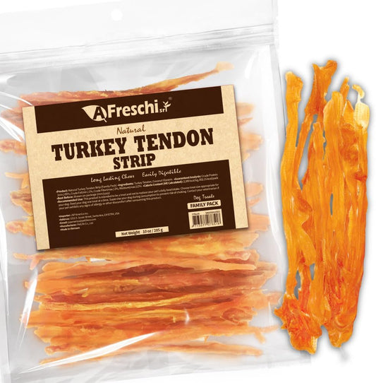 AFreschi Turkey Tendons for Dogs, USA-Sourced, Healthy Dog Treats, Rawhide-Free Puppy Chews, Long Lasting, All Natural, Hypoallergenic Dog Treats for Small Breeds, 10 oz Pack Strips