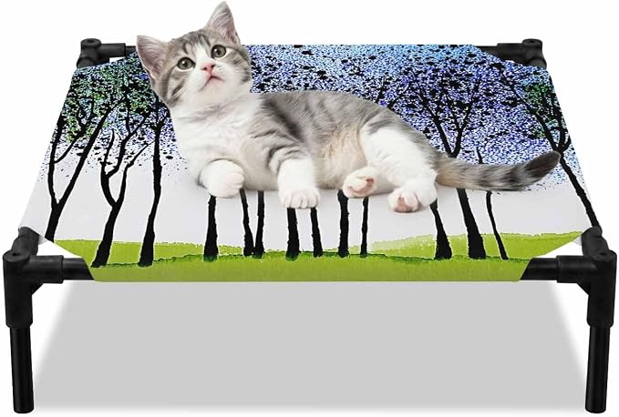 Outdoor Elevated Dog Bed for Small Dogs, Blue Green Forest Breathable Cooling Raised Dog Cot for Indoor/Outdoor, Modern Nature Tree Branch Landscape Waterproof Elevated Pet Beds, S 20 x 20 in