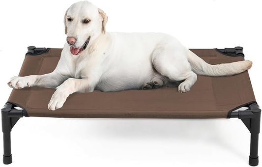 Garnpet Elevated Dog Bed for Large Dogs, Raised Dog Cot Fits Up to 120 LBs, Heavy Duty Pet Cots with Durable Supportive Teslin Recyclable Washable Mesh, Indoor & Outdoor Pet Bed, Brown
