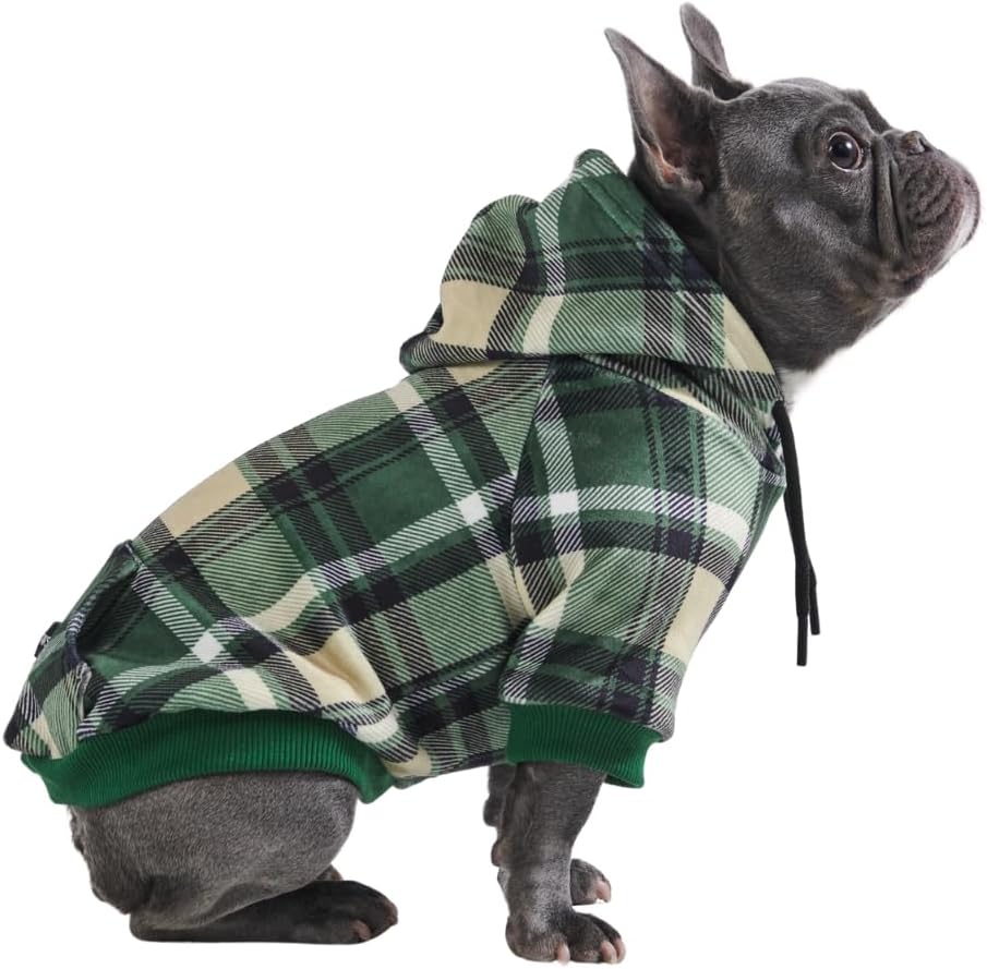 Spark Paws Dog Hoodie – Premium Dog Sweater for Small, Medium, and Large Dogs | Warm Outfits for French Bulldogs, Pitbull, Puppy, Winter Jacket Alternative - Green Plaid - XL