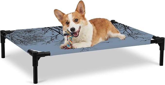Outdoor Elevated Dog Bed for Large Dogs, Blue Black Branches Breathable Cooling Raised Dog Cot for Indoor/Outdoor, Botanical Dead Tree Birds Waterproof Elevated Pet Beds, L 28 x 22 in