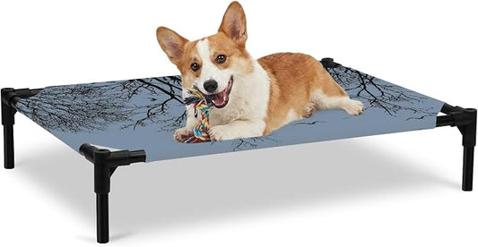 Outdoor Elevated Dog Bed for Large Dogs, Blue Black Branches Breathable Cooling Raised Dog Cot for Indoor/Outdoor, Botanical Dead Tree Birds Waterproof Elevated Pet Beds, L 28 x 22 in