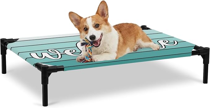 Outdoor Elevated Dog Bed for Large Dogs, Teal Green Wooden Grain Breathable Cooling Raised Dog Cot for Indoor/Outdoor, Gradient Farmhouse Wood Plank Waterproof Elevated Pet Beds, L 28 x 22 in