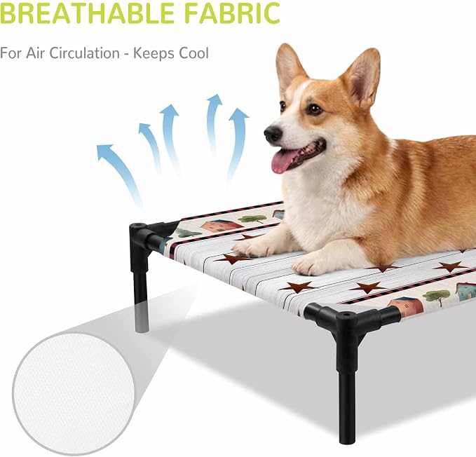 Outdoor Elevated Dog Bed for Large Dogs, Farmhouse Star Wooden Breathable Cooling Raised Dog Cot for Indoor/Outdoor, Trees Grey Wooden Waterproof Elevated Pet Beds, L 28 x 22 in