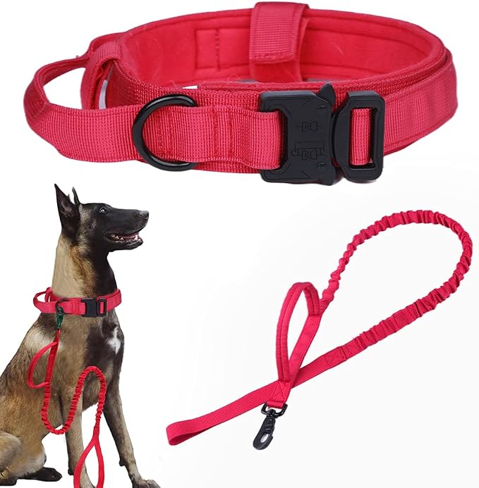 Tactical Dog Collar and Leash Set for Large Dogs with Control Handle,Red | 1000D Heavy-Duty Nylon Fabric,Quick-Release Metal Buckle,Adjustable Fit,Soft-Padded Webbing,D-Ring,for Training & Hiking,XXL