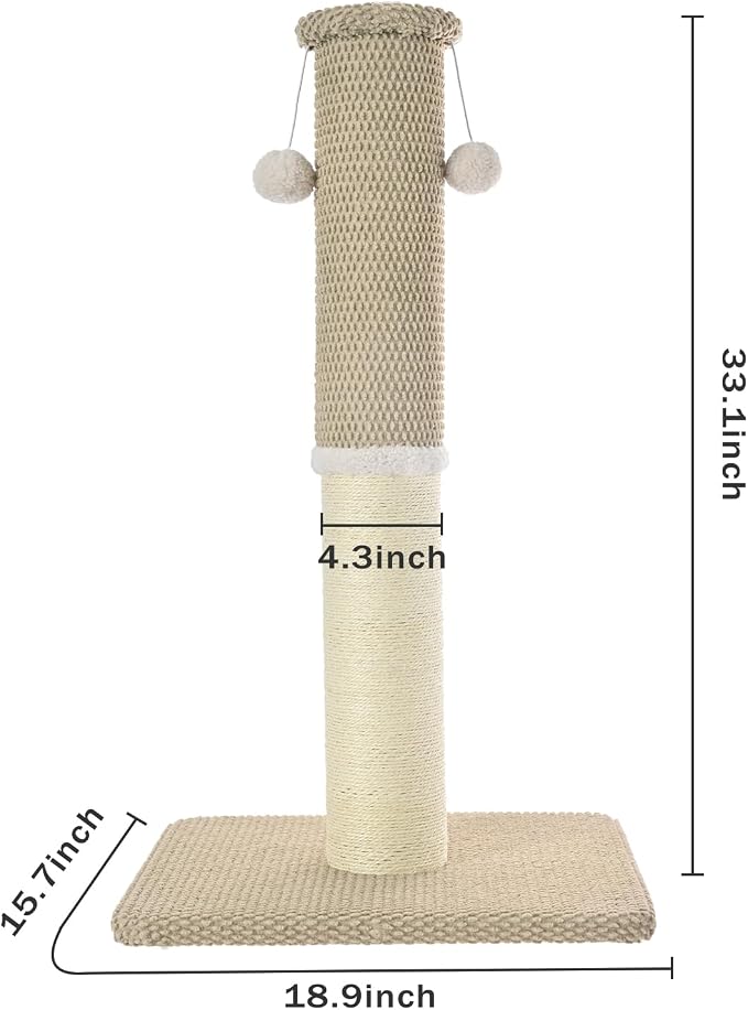 Made4Pets Tall Cat Scratching Post with Sisal & Carpet for Indoor Cats, 33" | Cat Scratcher with Wide Stable Base, Interactive Hanging Toys, Ideal for Adult Cats, Large Breeds and Full-Body Stretching