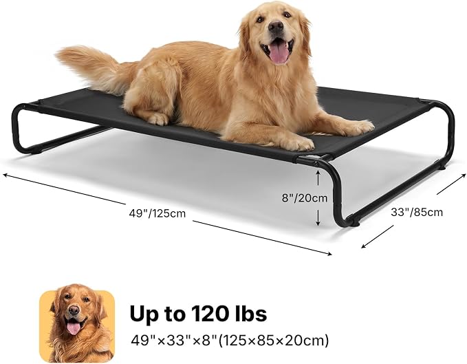 Veehoo Cooling Elevated Dog Bed, Outdoor Raised Dog Bed for Large Dogs | Dog Cot with Thickened Frame, Durable Teslin Mesh & Anti-Slip Rubber Feet, Pet Hammock for Indoor or Camping, 49", Black