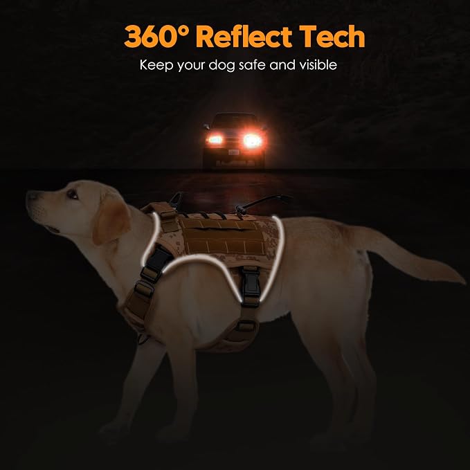 Heavy-Duty Tactical Dog Harness for Large Dogs, No Pull Adjustable Reflective Pet Vest with Molle System, K9 Military-Grade Control for Service Training, Outdoor & 10+ Breeds, Khaki Camo, XX-Large