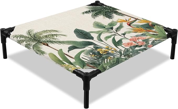 Outdoor Elevated Dog Bed for Small Dogs, Summer Palm Tree Breathable Cooling Raised Dog Cot for Indoor/Outdoor, Tropical Botanical Floral Coastal Rustic Waterproof Elevated Pet Beds, S 20 x 20 in